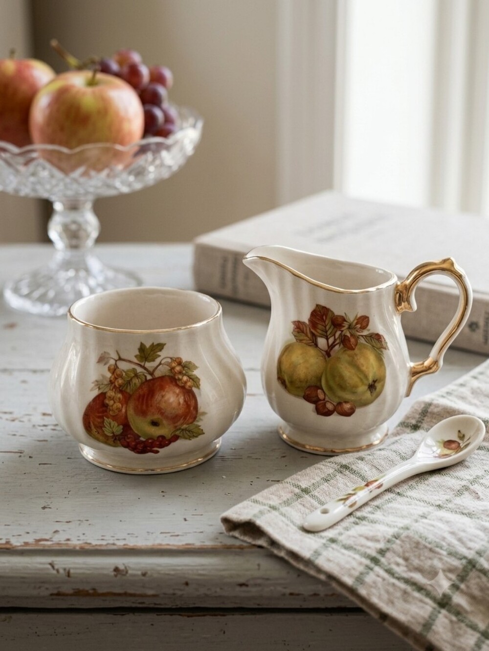 Vintage Sadler England Mini Creamer and Sugar Bowl Fruit Print